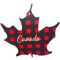 Plaid Canada Maple Leaf Wood Ornament