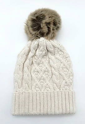 Cable Knit Hat with Faux Pom