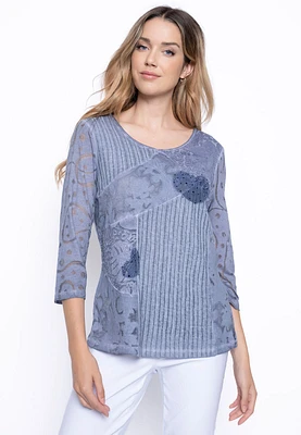 PICADILLY 3/4 SLEEVE MIXED FABRIC TOP