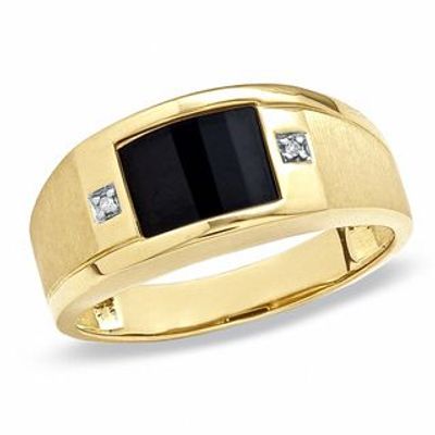 Men's Barrel-Cut Onyx and Diamond Accent Ring in 10K Gold|Peoples Jewellers