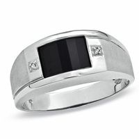 Men's Barrel-Cut Onyx Ring in 10K White Gold with Diamond Accents|Peoples Jewellers