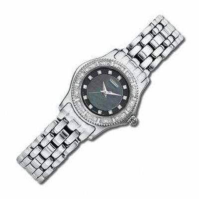 Ladies' Citizen Eco-Drive Riega Watch with Black Mother-Of-Pearl Dial and Diamond Bezel (Model: EP5630-55Y)|Peoples Jewellers