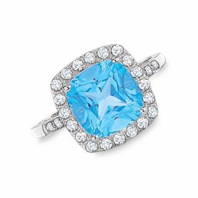 Cushion-Cut Blue Topaz and Lab-Created White Sapphire Ring in 10K White Gold with Diamond Accents|Peoples Jewellers