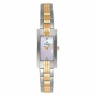 Ladies Bulova Two-Tone Watch with Mother-of-Pearl Rectangular Dial (Model: 98L001)|Peoples Jewellers