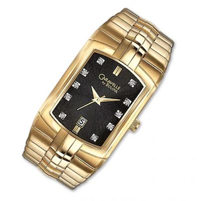 Men's Caravelle Diamond Accent Gold-Tone Watch with Rectangular Black Dial (Model: 44D000)|Peoples Jewellers