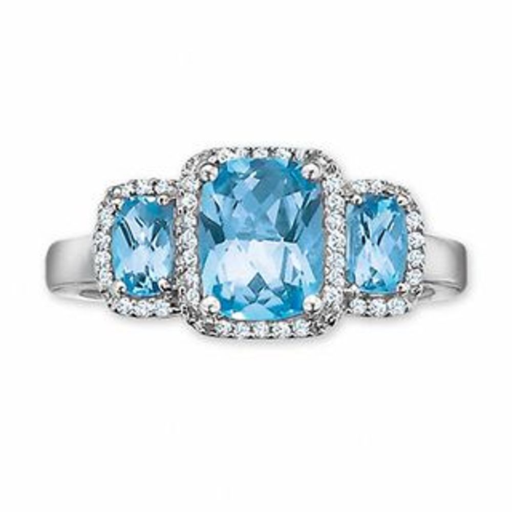 Cushion-Cut Blue Topaz Three Stone Ring in 10K White Gold with Diamond Accents|Peoples Jewellers