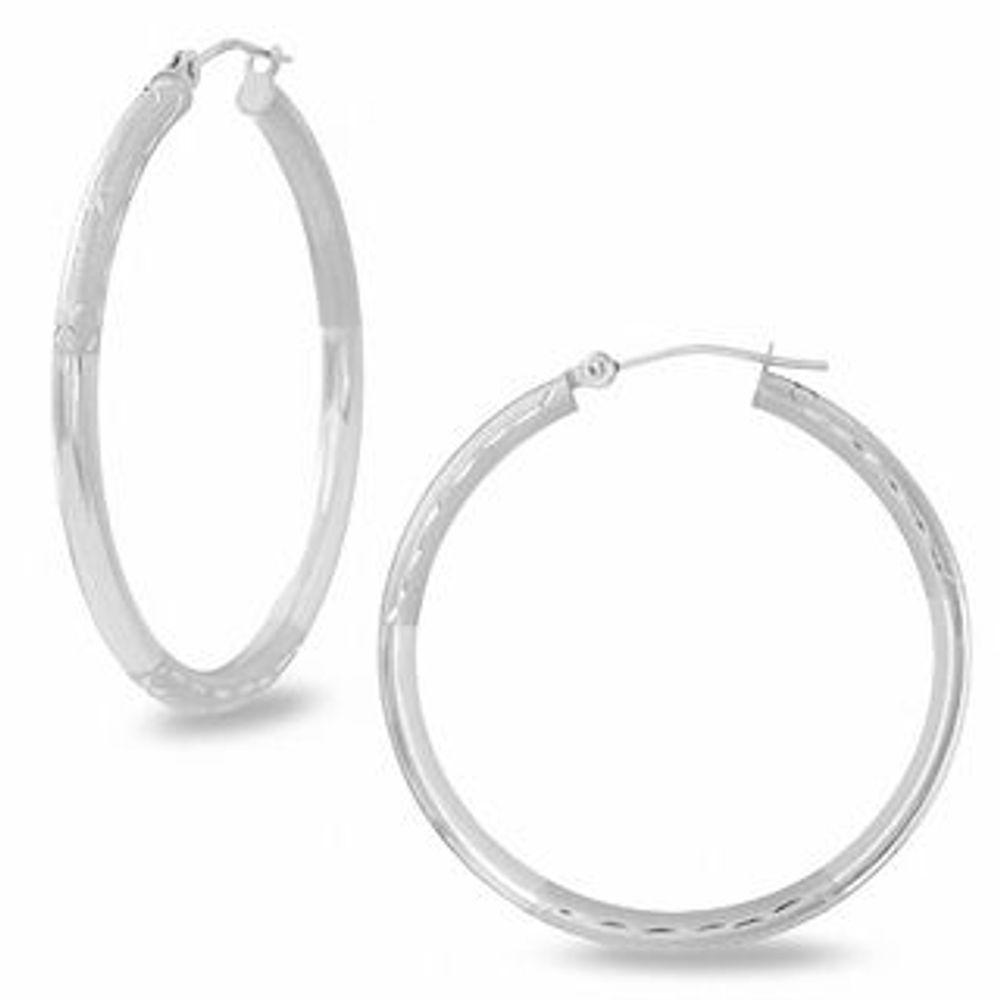 14K White Gold 35mm Satin and Polished Hinged Hoop Earrings|Peoples Jewellers