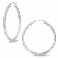 14K White Gold 35mm Satin and Polished Hinged Hoop Earrings|Peoples Jewellers