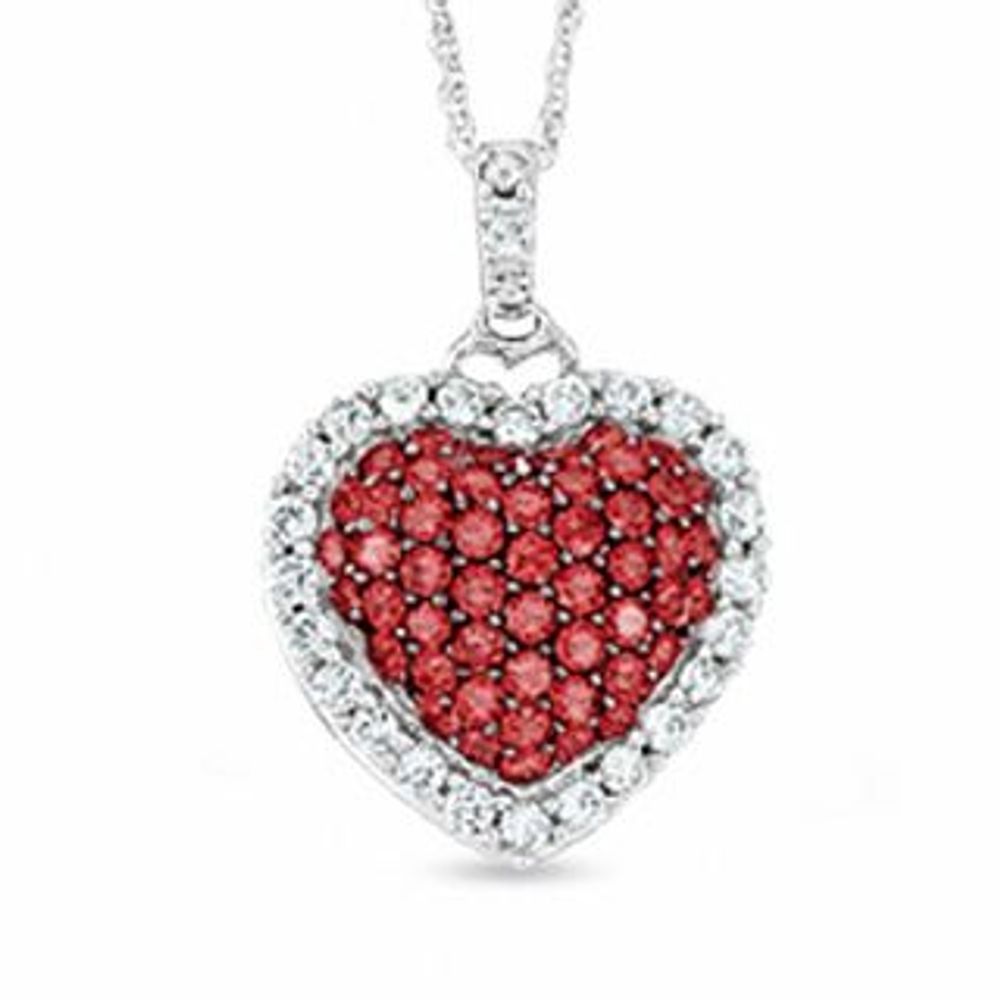 Lab-Created Ruby and White Sapphire Puffy Heart Pendant in 10K White Gold with Diamond Accent|Peoples Jewellers