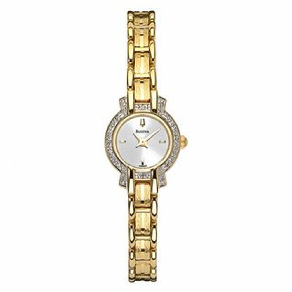 Ladies' Bulova Dress Gold-Tone Diamond Accent Watch with Silver-Tone Dial (Model: 98R007)|Peoples Jewellers