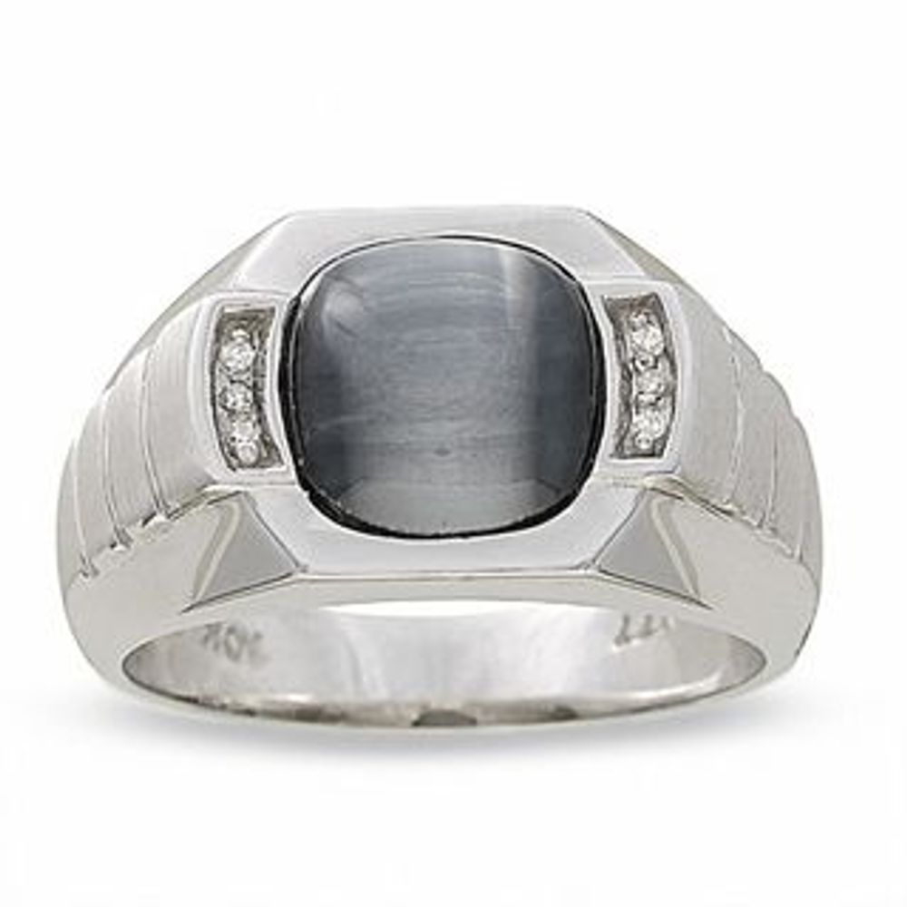 Men's Lab-Created Cats Eye Band with Diamond Accents in 10K White Gold|Peoples Jewellers