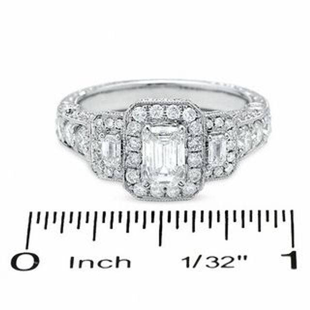 1.95 CT. T.W. Certified Framed Emerald-Cut Diamond Three Stone Ring in 14K White Gold|Peoples Jewellers