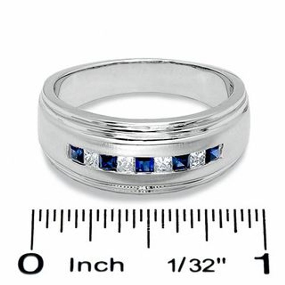 Men's 0.20 CT. T.W. Square-Cut Diamond and Blue Sapphire Band in 14K White Gold|Peoples Jewellers