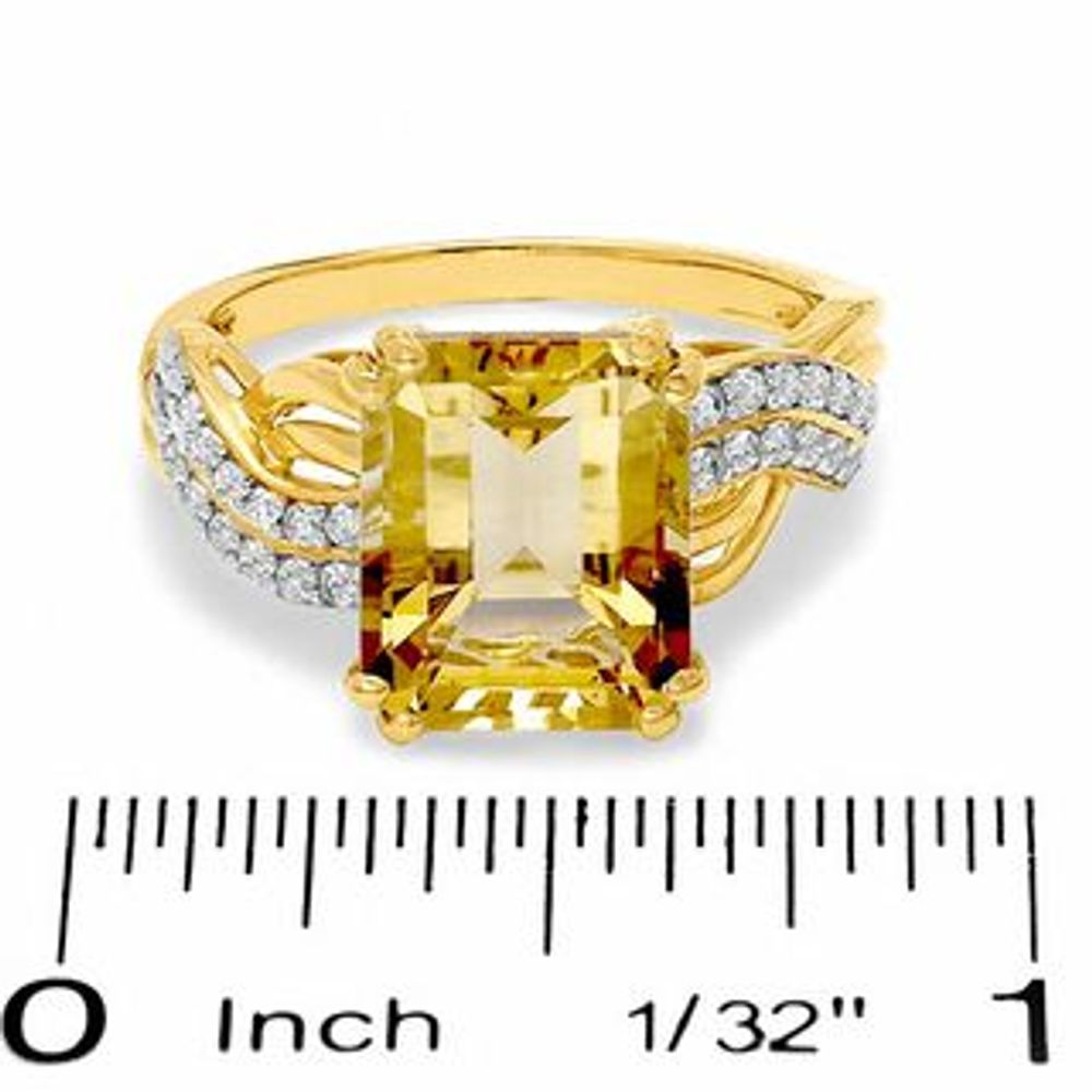 Emerald-Cut Citrine and Lab-Created White Sapphire Swirl Ring in 10K Gold|Peoples Jewellers