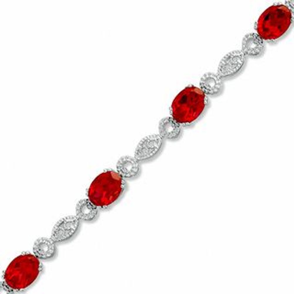 Oval Lab-Created Ruby with Diamond Accent Bracelet in Sterling Silver - 7.25"|Peoples Jewellers