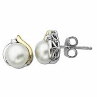 7.0mm Freshwater Cultured Pearl and Diamond Accent Teardrop Stud Earrings in Sterling Silver and 14K Gold|Peoples Jewellers