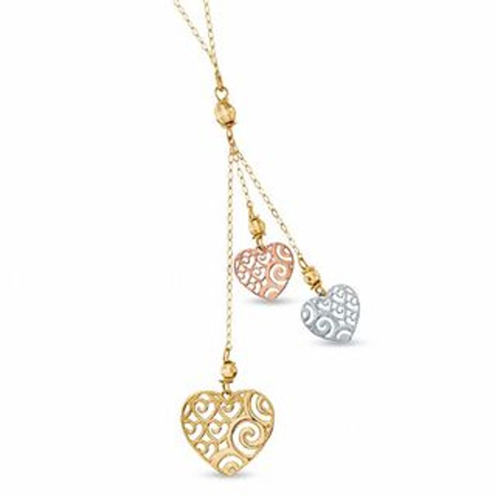 Triple Dangle Heart Pendant in 10K Tri-Tone Gold - 17"|Peoples Jewellers