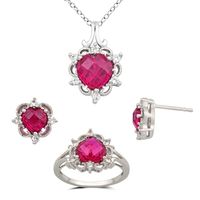 Heart-Shaped Lab-Created Ruby and White Sapphire Pendant, Ring and Earrings Set in Sterling Silver - Size 7|Peoples Jewellers