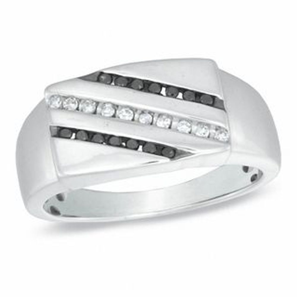 Men's 0.25 CT. T.W. Enhanced Black and White Diamond Flat-Top Ring in Sterling Silver|Peoples Jewellers