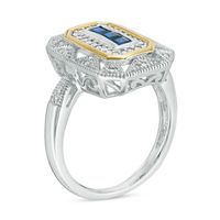 Princess-Cut Blue Sapphire and 0.11 CT. T.W. Diamond Vintage-Style Ring in Sterling Silver and 14K Gold|Peoples Jewellers