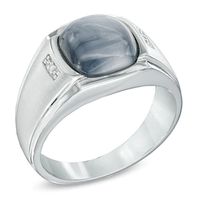 Men's 10.0mm Cushion-Cut Simulated Hawks Eye and Diamond Accent Ring in 10K White Gold|Peoples Jewellers