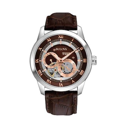 Men's Bulova Mechanical Strap Watch with Brown Skeleton Dial (Model: 96A120)|Peoples Jewellers