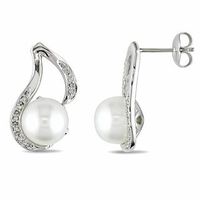 9.0-9.5mm Freshwater Cultured Pearl and 0.06 CT. T.W. Diamond Swirl Drop Earrings in Sterling Silver|Peoples Jewellers