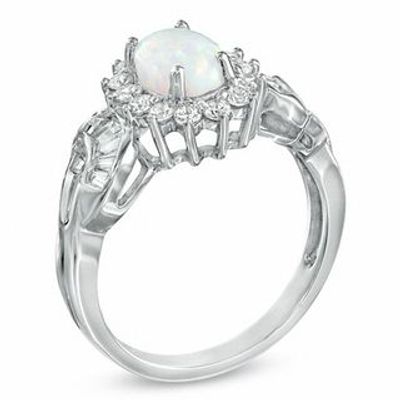 Oval Lab-Created Opal and White Sapphire Frame Ring in Sterling Silver|Peoples Jewellers