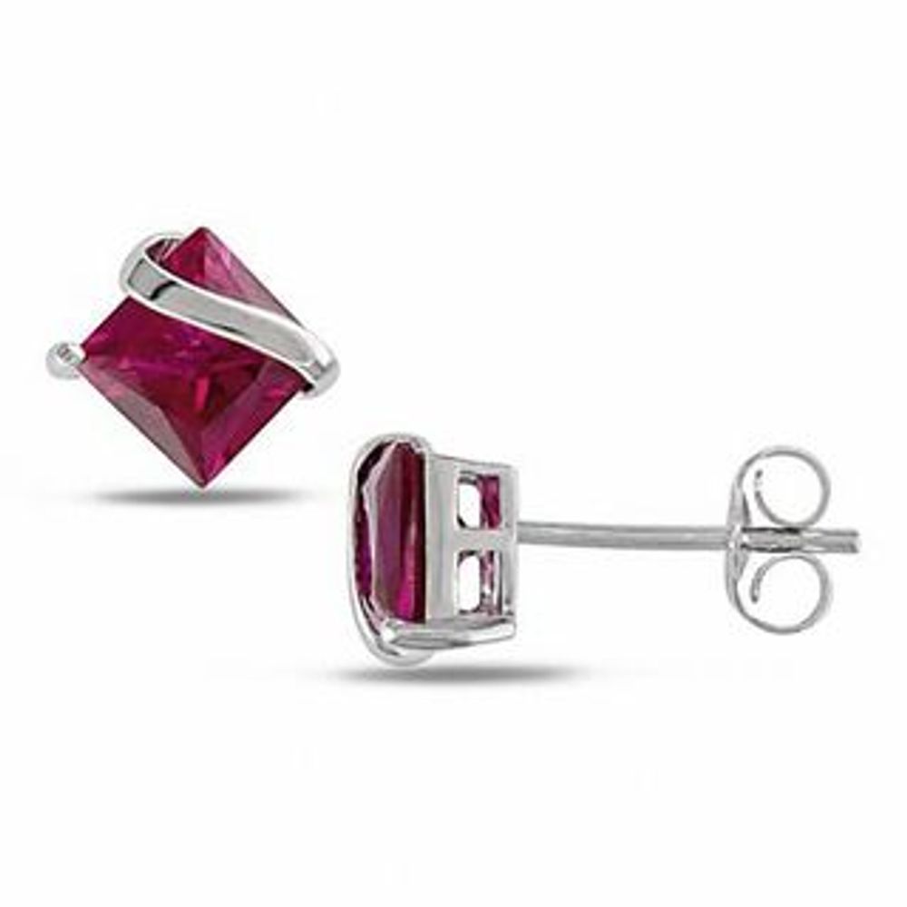 Princess-Cut Lab-Created Ruby Overlay Stud Earrings in 10K White Gold|Peoples Jewellers