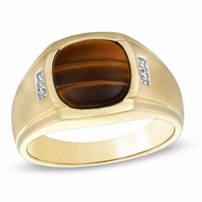 Men's 10.0mm Cushion-Cut Tiger's Eye and Diamond Accent Ring in 10K Gold|Peoples Jewellers