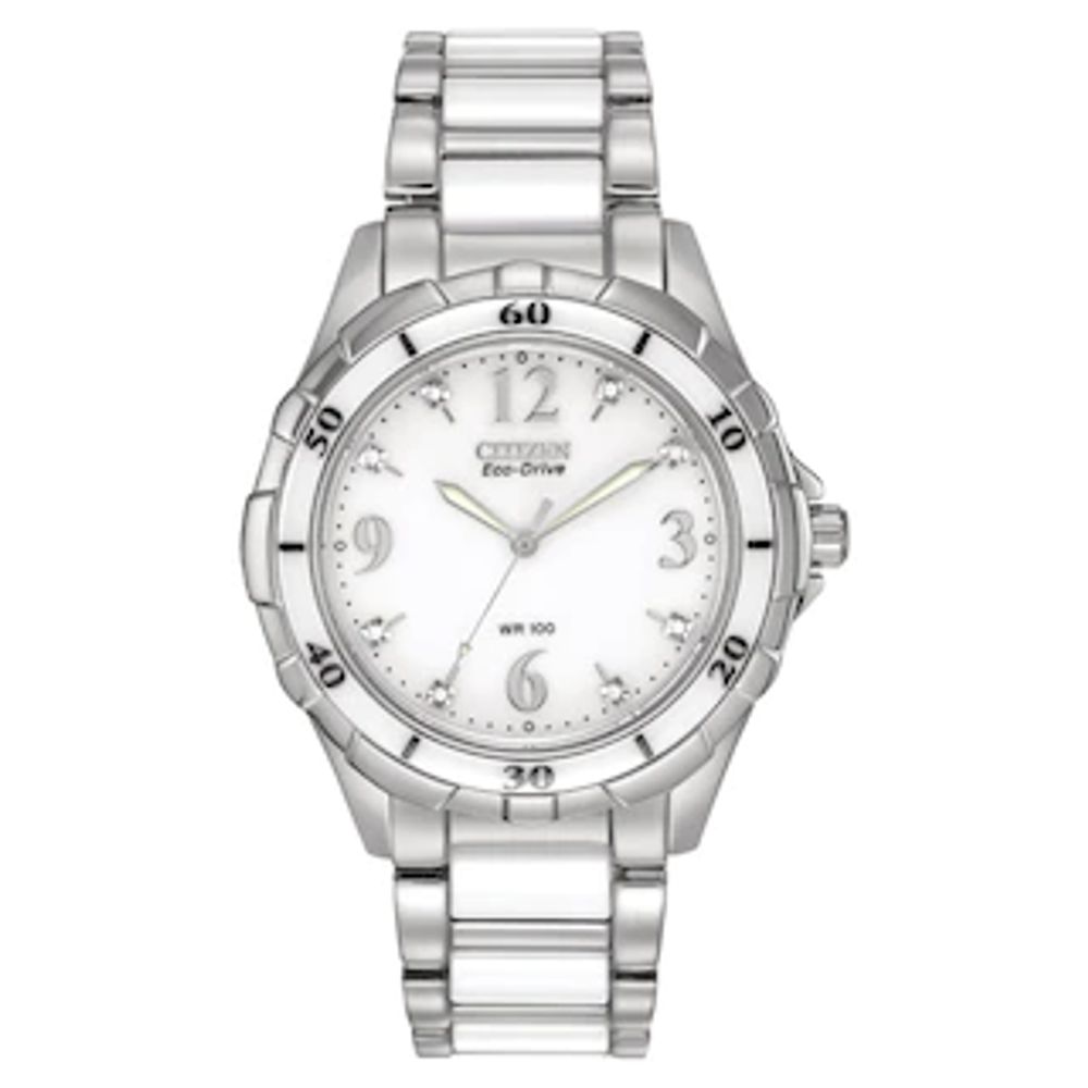 Ladies' Citizen Eco-Drive® Diamond Accent Ceramic Watch with White Dial (Model: EM0030-59A)|Peoples Jewellers