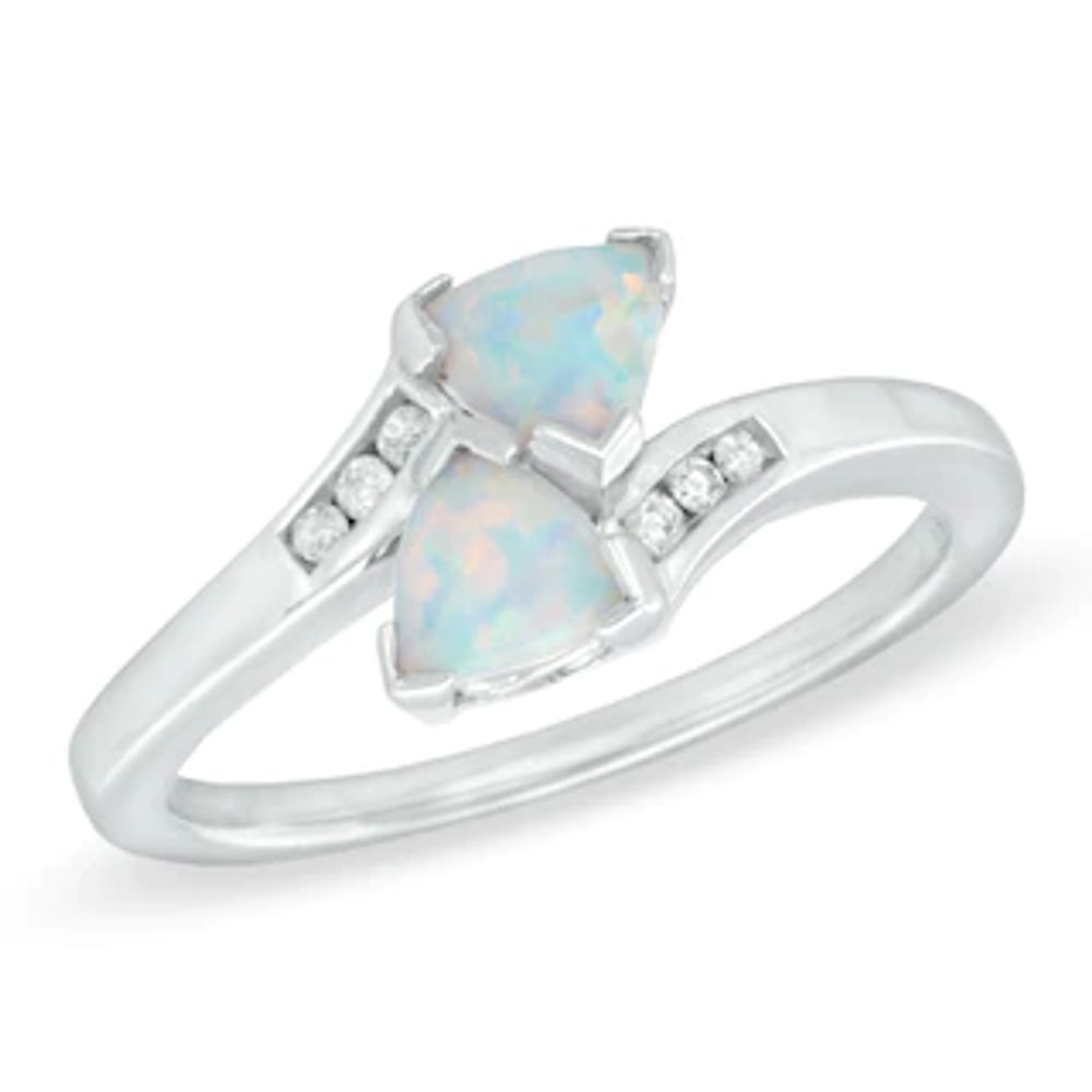 5.0mm Trillion-Cut Lab-Created Opal and Diamond Accent Bypass Ring in Sterling Silver|Peoples Jewellers