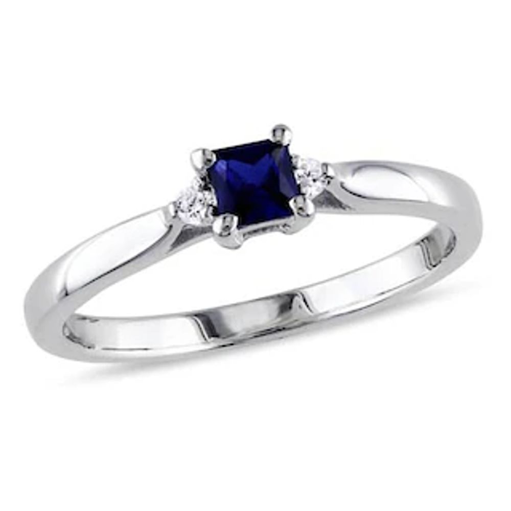 Princess-Cut Blue Lab-Created Sapphire and 0.04 CT. T.W. Diamond Three Stone Promise Ring in Sterling Silver|Peoples Jewellers