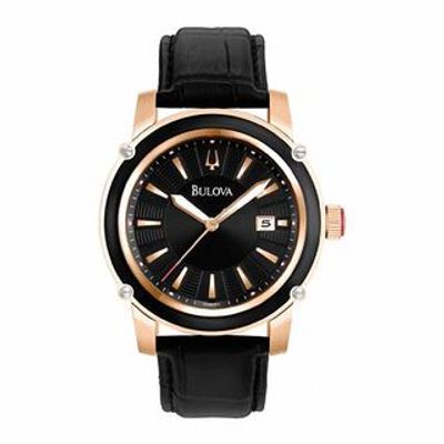 Men's Bulova Rose-Tone Strap Watch with Black Dial (Model: 98B161)|Peoples Jewellers
