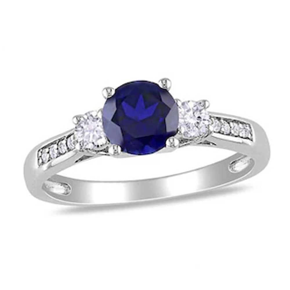 Blue and White Lab-Created Sapphire and 0.05 CT. T.W. Diamond Three Stone Ring in 10K White Gold|Peoples Jewellers