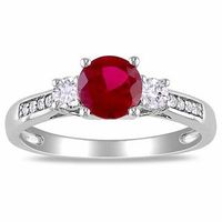 Lab-Created Ruby, White Lab-Created Sapphire and 0.05 CT. T.W. Diamond Three Stone Ring in 10K White Gold|Peoples Jewellers