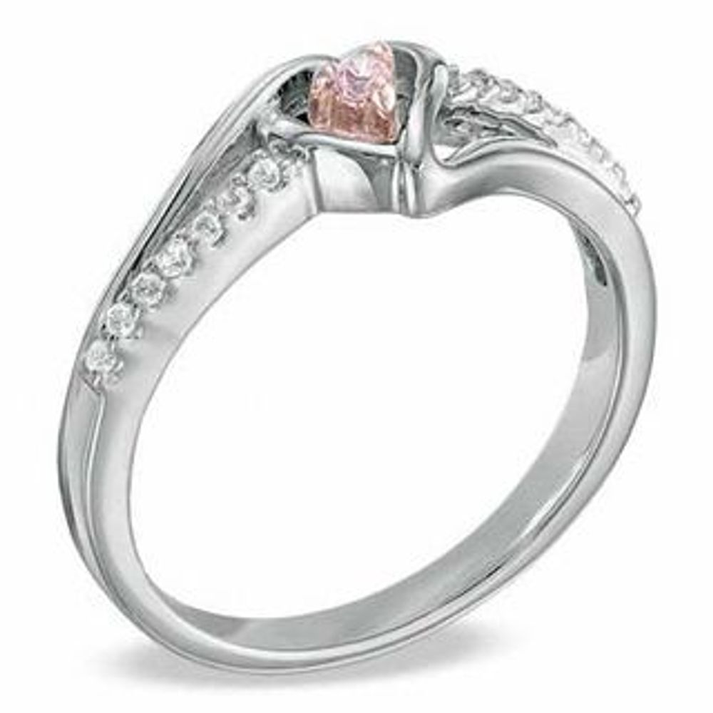 Pink Lab-Created Sapphire and 0.07 CT. T.W. Diamond Heart Split Shank Promise Ring in Sterling Silver|Peoples Jewellers