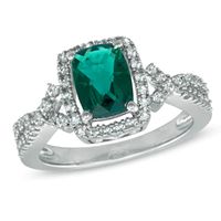Cushion-Cut Lab-Created Emerald and White Sapphire Ring in Sterling Silver|Peoples Jewellers