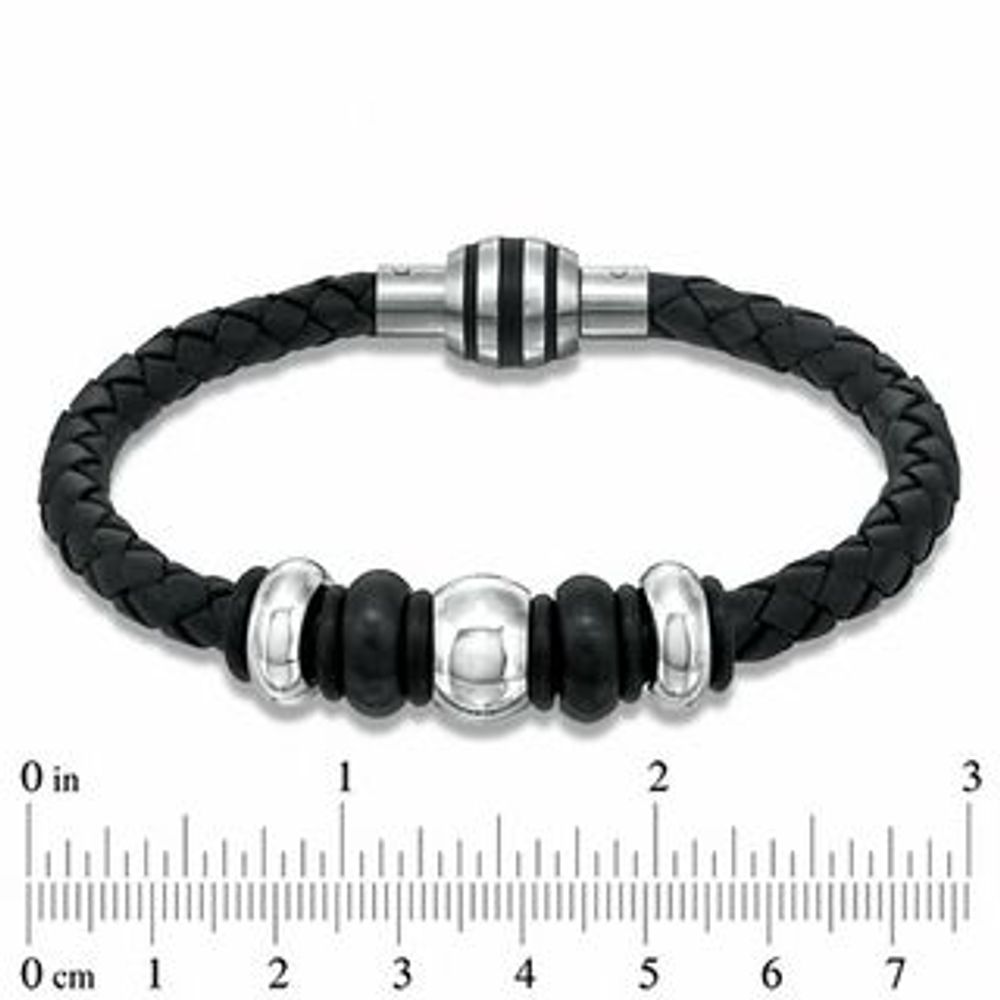 Men's Black Braided Leather and Two-Tone Stainless Steel Bead Bracelet - 8.75"|Peoples Jewellers