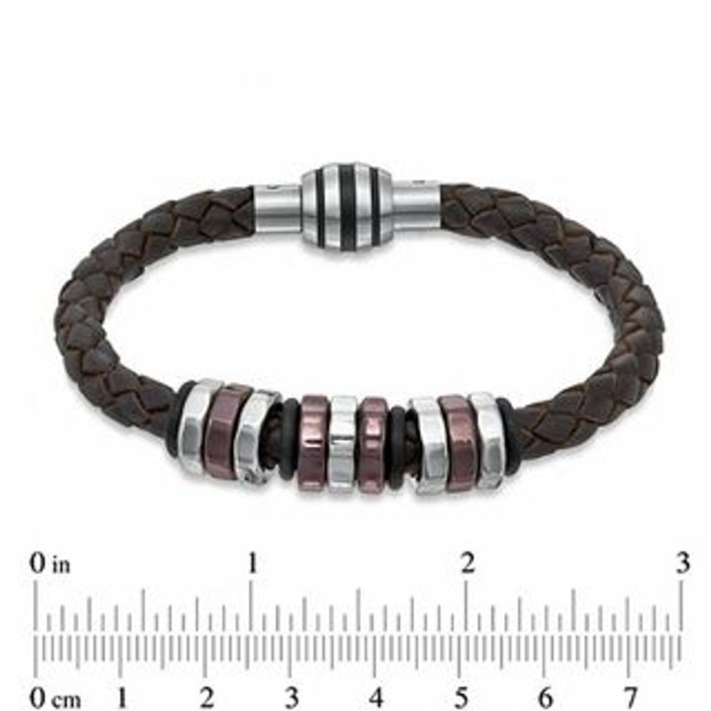 Men's Brown Braided Leather and Two-Tone Stainless Steel Disc Bead Bracelet - 8.75"|Peoples Jewellers