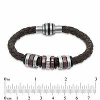 Men's Brown Braided Leather and Two-Tone Stainless Steel Disc Bead Bracelet - 8.75"|Peoples Jewellers