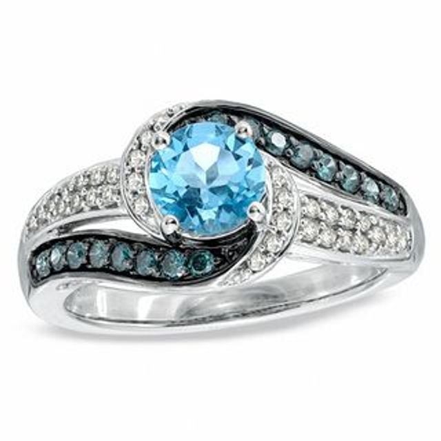 6.0mm Swiss Blue Topaz and 0.37 CT. T.W. Enhanced Blue and White Diamond Ring in 10K White Gold|Peoples Jewellers