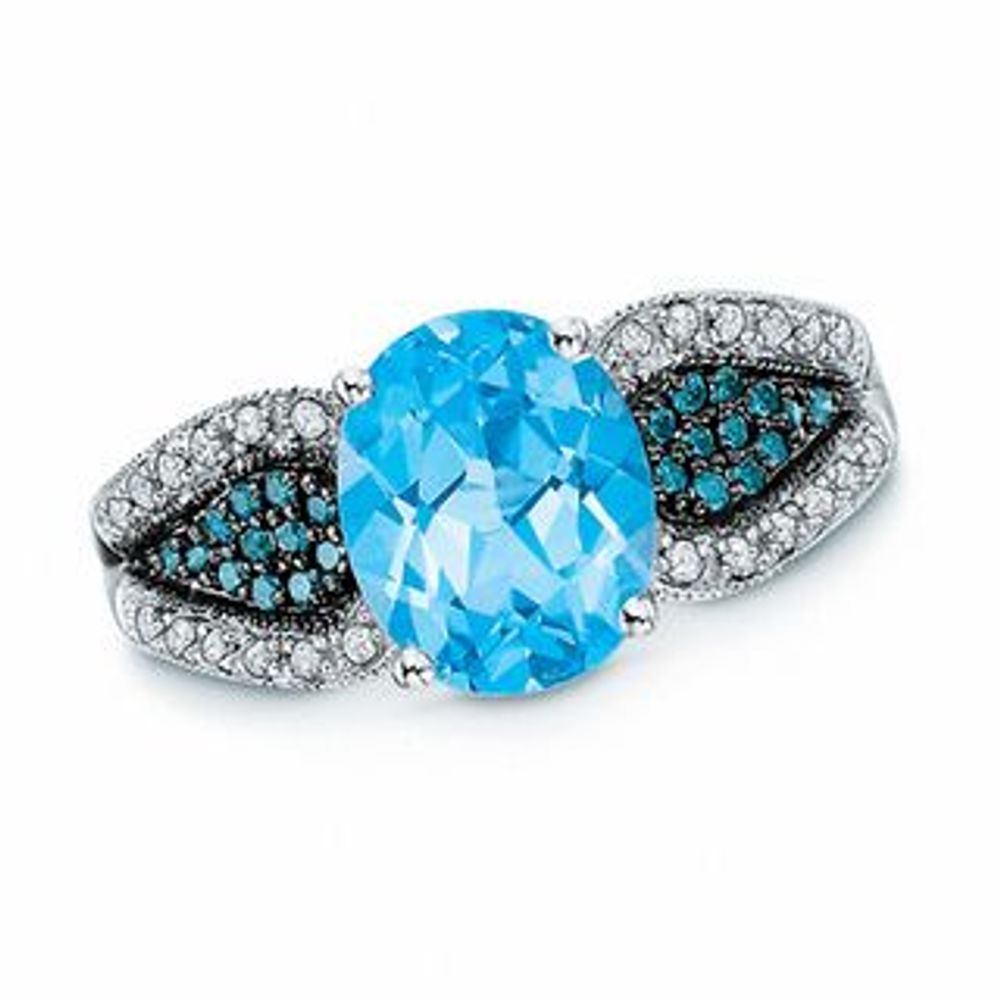 Oval Swiss Blue Topaz and 0.27 CT. T.W. Enhanced Blue and White Diamond Ring in 10K White Gold|Peoples Jewellers