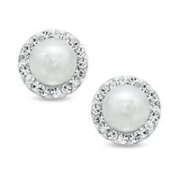 5.75mm Freshwater Cultured Pearl and Crystal Button Earrings in 14K Gold|Peoples Jewellers