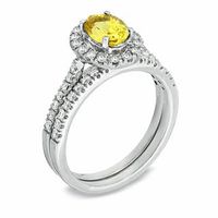 Certified Oval Yellow Sapphire and 0.46 CT. T.W. Diamond Bridal Set in 14K White Gold|Peoples Jewellers