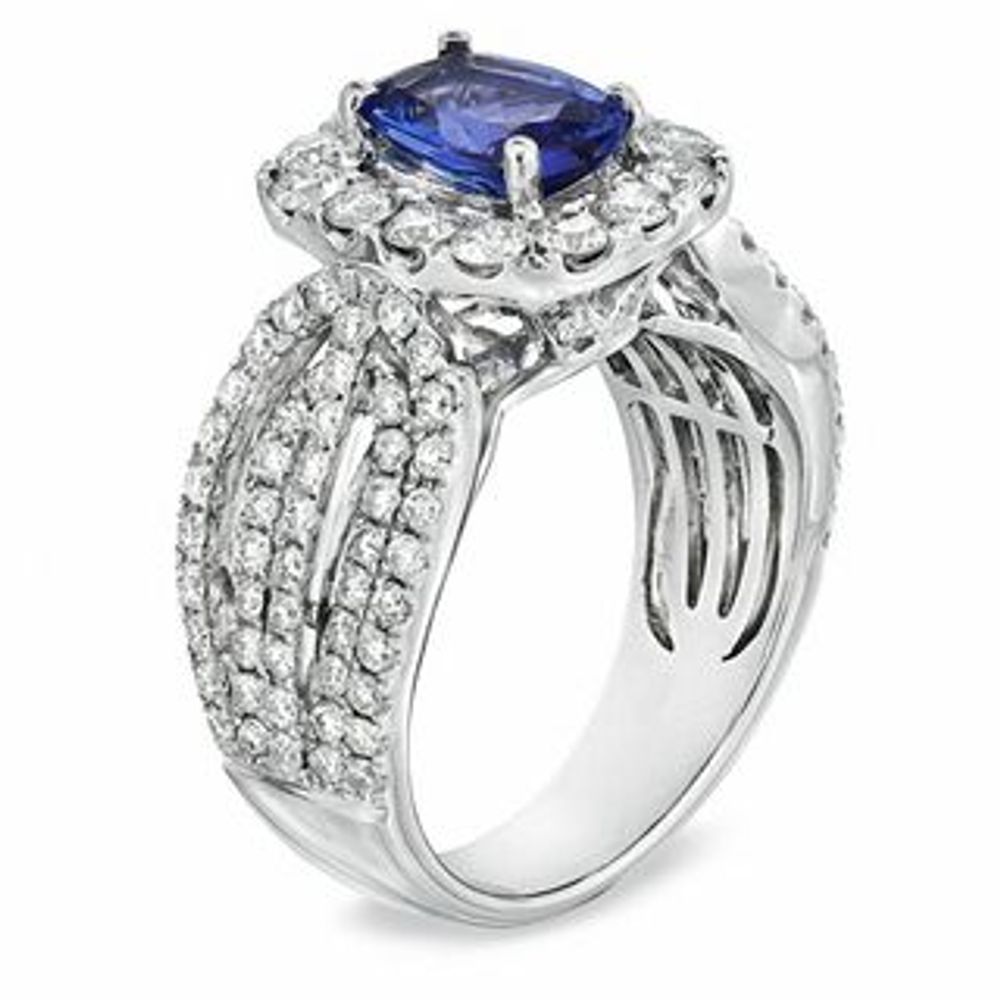 Certified Cushion-Cut Tanzanite and CT. T.W. Diamond Engagement Ring in 14K White Gold|Peoples Jewellers