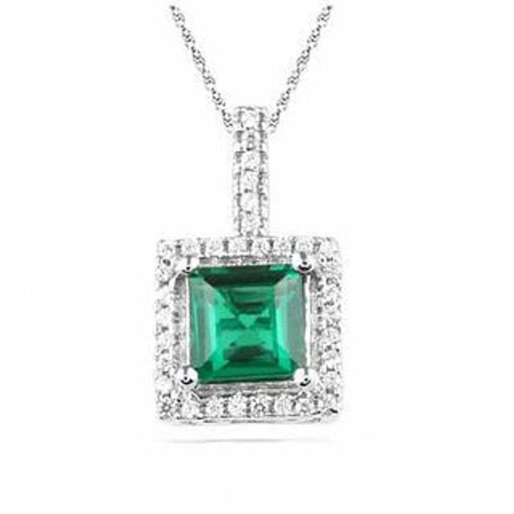 Princess-Cut Lab-Created Emerald and 0.12 CT. T.W Diamond Pendant in 10K White Gold|Peoples Jewellers