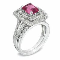 Certified Emerald-Cut Pink Tourmaline and 0.83 CT. T.W. Certified Diamond Bridal Set in 14K White Gold|Peoples Jewellers