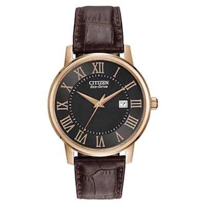 Men's Citizen Eco-Drive® Rose-Tone Strap Watch with Black Dial (Model: BM6759-03E)|Peoples Jewellers