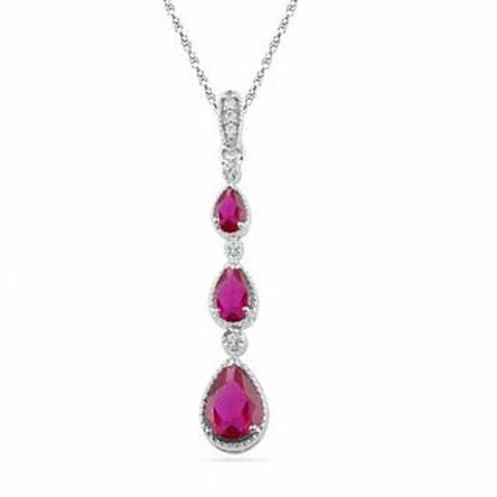 Pear-Shaped Lab-Created Ruby and Diamond Accent Drop Pendant in Sterling Silver|Peoples Jewellers